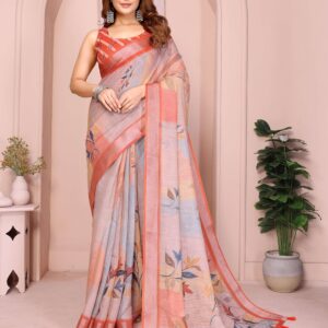 Elegant Linen Cotton Saree – Pastel Grey with Coral Leaf Motifs & Tassel Border