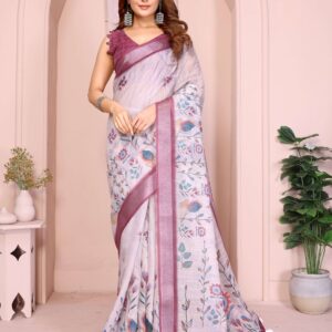 Elegant Linen Cotton Saree – Pastel Lavender with Multicolor Floral Motifs & Wine-Purple Border