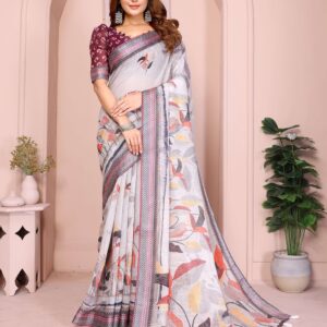 Elegant Linen Cotton Saree – Soft Grey with Multicolor Autumn Leaf Print & Wine-Geometric Border