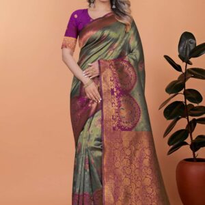 Regal Grace Banarasi Silk Saree – Olive Green with Plum Zari Pallu