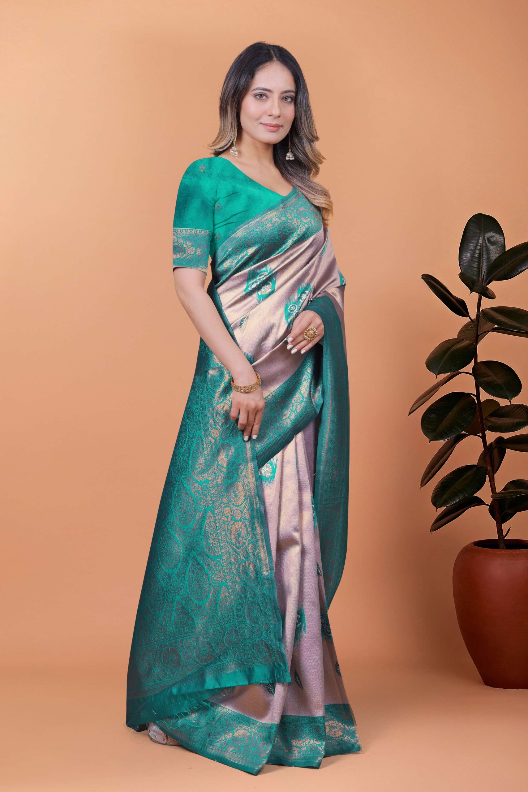 Light Lavender & Teal Green Banarasi Silk Saree with Antique Gold Zari | Wedding, Festival & Traditional Ethnic Wear - Image 5