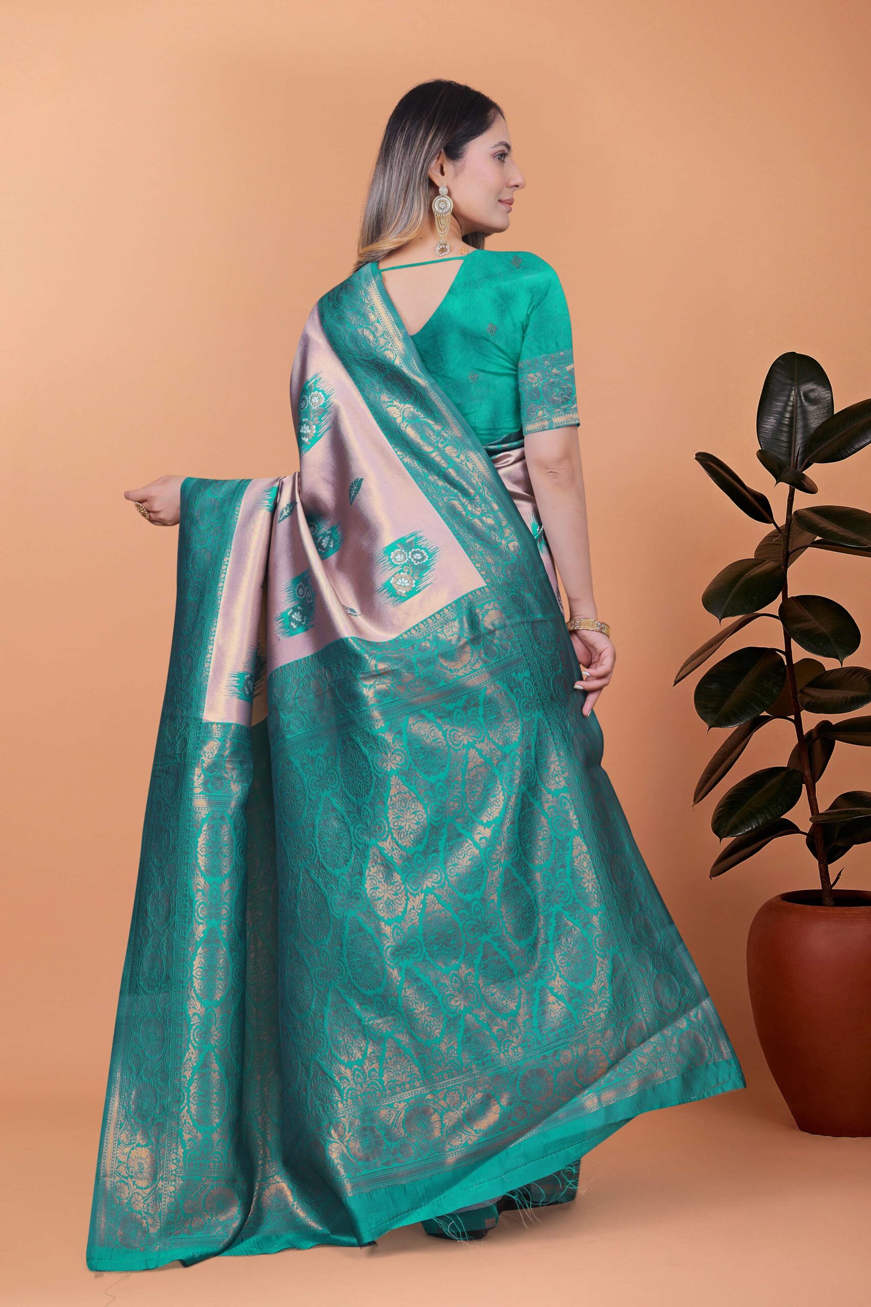 Light Lavender & Teal Green Banarasi Silk Saree with Antique Gold Zari | Wedding, Festival & Traditional Ethnic Wear - Image 6